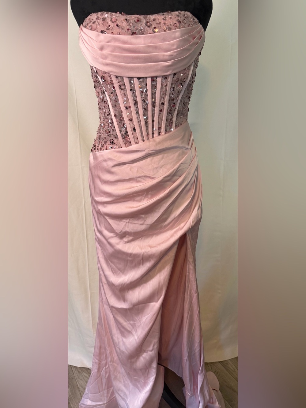 ❤️Women’s Blush pink Strapless Sequin Bodice Evening Dress‎